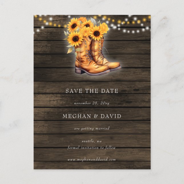 Sunflowers Cowboy Boots Barn Wood Save The Date Postcard (Front)