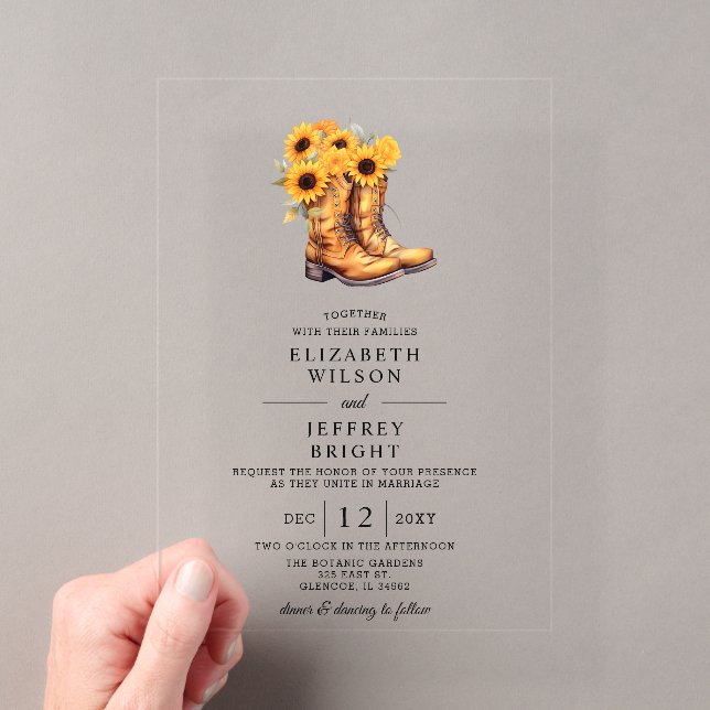 Sunflowers Cowboy Boots Barn Wood Western Wedding Acrylic Invitations (Insitu (Handheld))