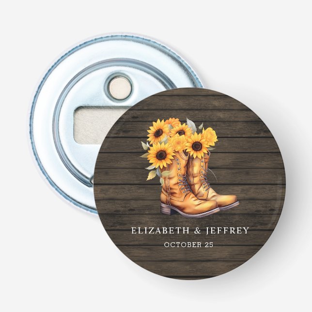 Sunflowers Cowboy Boots Barn Wood Western Wedding Bottle Opener (Front)