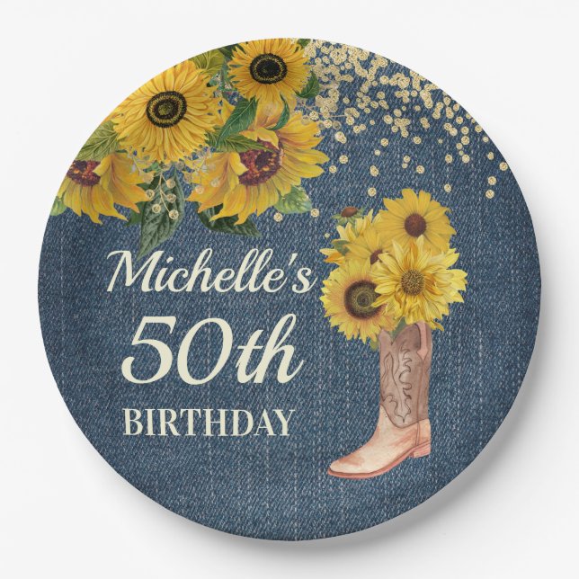 Sunflowers Cowboy Boots Blue Denim 50th Birthday Paper Plate (Front)