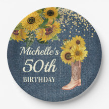 Sunflowers Cowboy Boots Blue Denim 50th Birthday