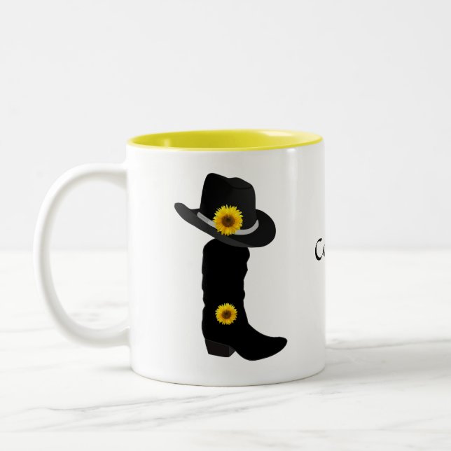 Sunflowers, Cowgirl Black Hat & Boot Two-Tone Coff Two-Tone Coffee Mug (Left)