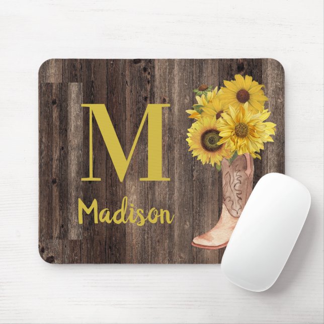 Sunflowers Cowgirl Boots Rustic Wood Monogram Mouse Pad (With Mouse)