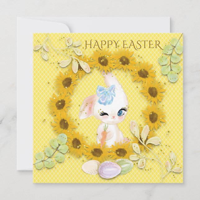 Sunflowers Cute Bunny Eggs Happy Easter Yellow Holiday Card (Front)