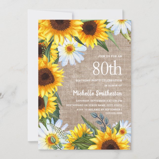 Sunflowers Daisies Burlap Country 80th Birthday Invitation (Front)