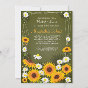 Sunflowers & Daisies Floral Bridal Shower Green Invitation