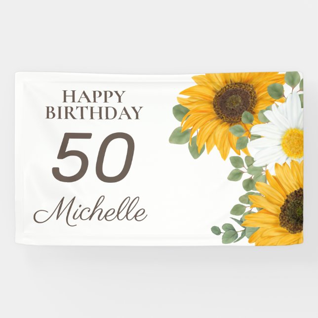 Sunflowers Daisies Happy 50th Birthday Any Age Banner (Horizontal)
