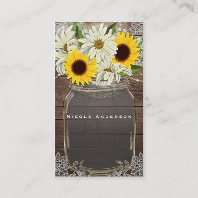 Sunflowers & Daisies Mason Jar Sparkle Rustic Chic Business Card (Front)