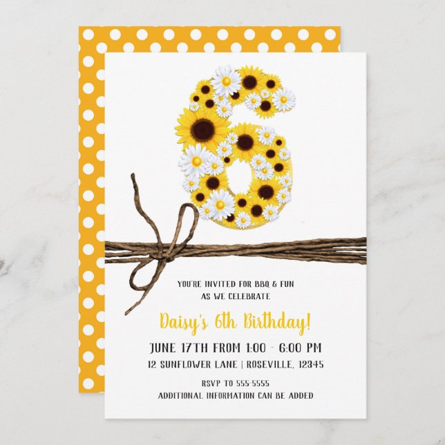 Sunflowers & Daisies SIX 6 6TH Birthday Party Invitation (Front/Back)