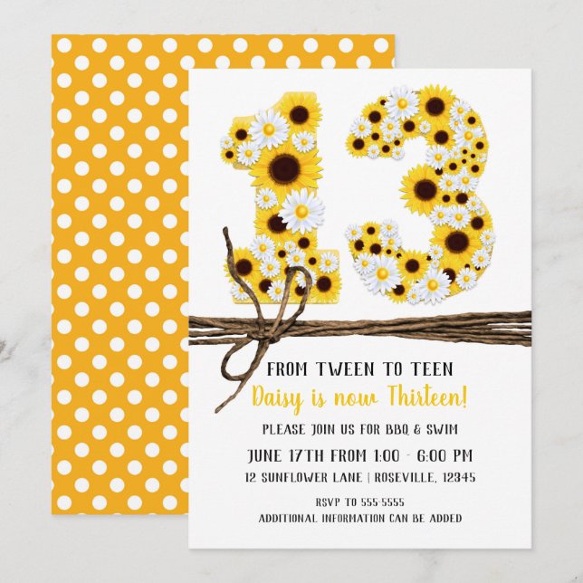 Sunflowers & Daisies THIRTEEN 13 13TH Birthday Invitation (Front/Back)