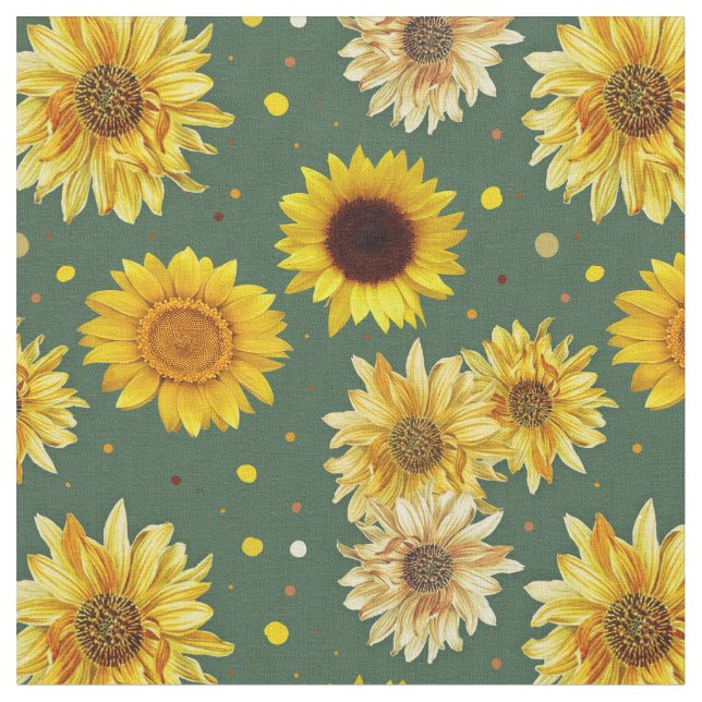 Sunflowers Dots Green Repeating Pattern Fabric (Close Up)