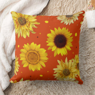 Sunflowers Dots Orange  Throw Pillow