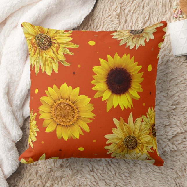 Sunflowers Dots Orange  Throw Pillow (Blanket)