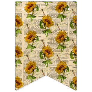 Sunflowers Dragonflies Old Newspaper Country Style Bunting Flags