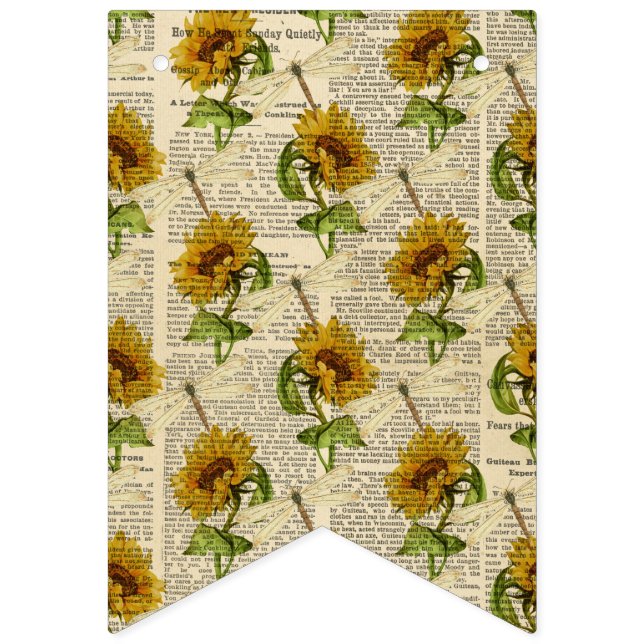 Sunflowers Dragonflies Old Newspaper Country Style Bunting Flags (First Flag)