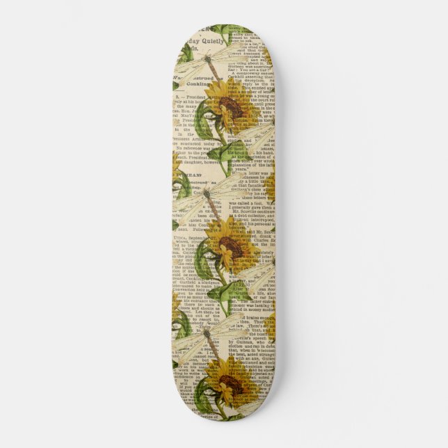 Sunflowers Dragonflies Old Newspaper Country Style Skateboard (Front)