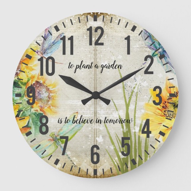 Sunflowers Dragonflies Shabby and Chic Garden Large Clock (Front)