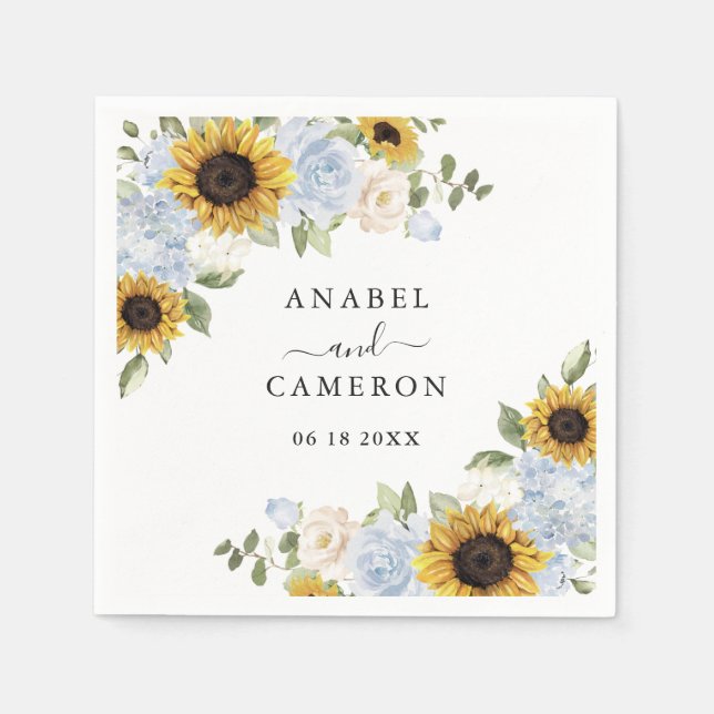 Sunflowers Dusty Blue Floral Greenery Personalized Napkin (Front)