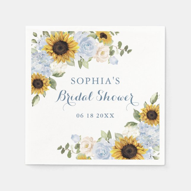 Sunflowers Dusty Blue Floral Greenery Personalized Napkin (Front)