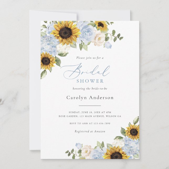 Sunflowers Dusty Blue Floral Rustic Bridal Shower Invitation (Front)