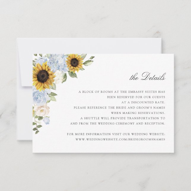 Sunflowers Dusty Blue Floral Wedding Details Card (Front)