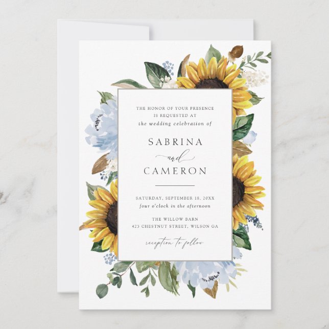 Sunflowers Dusty Blue Flowers Elegant Wedding Invitation (Front)