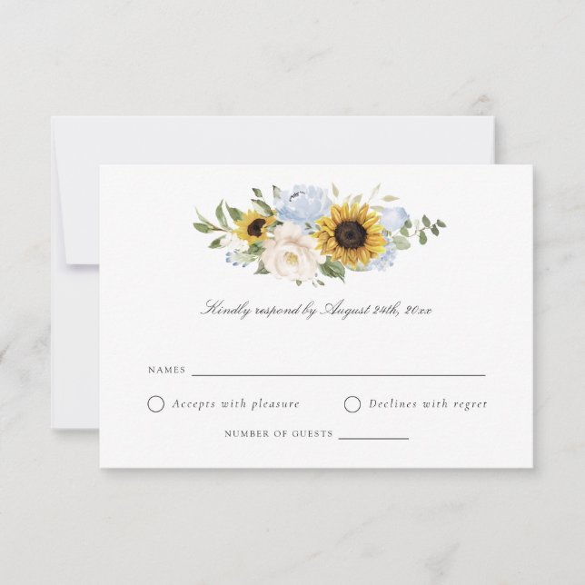 Sunflowers Dusty Blue Flowers Rustic Wedding RSVP Invitation (Front)