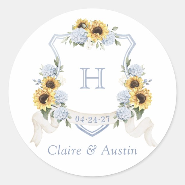 Sunflowers Dusty Blue Hydrangea Crest Envelope Classic Round Sticker (Front)