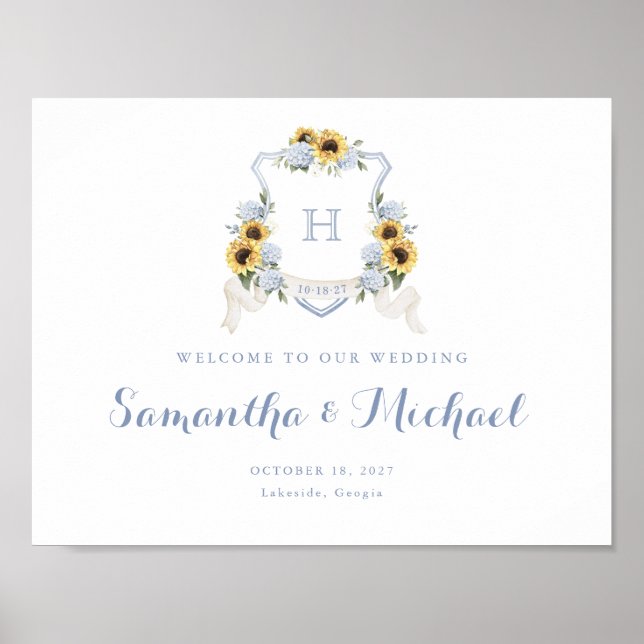 Sunflowers Dusty Blue Hydrangea Crest Welcome Sign (Front)