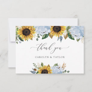 Sunflowers Dusty Blue Mariage Carte de remerciemen