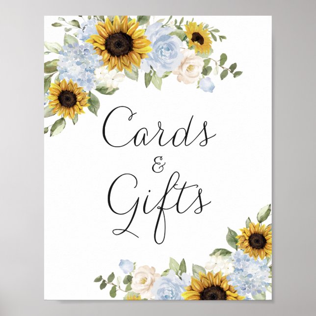 Sunflowers Dusty Blue Wedding Cards Gift Sign (Front)