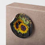 Sunflowers elegant rustic wood lights wedding classic round sticker<br><div class="desc">Editable text favour sticker featuring a rustic big beautiful sunflowers bouquet on a dark brown barn wood background with string lights. Ideal for your summer or autumn fall elegant rustic country outdoor backyard or farmhouse wedding.         Personalize it with the bride's and groom's names and wedding details!</div>