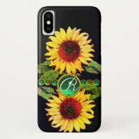 SUNFLOWERS,EMERALD GREEN GEMSTONES FLORAL MONOGRAM