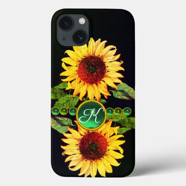 SUNFLOWERS,EMERALD GREEN GEMSTONES FLORAL MONOGRAM Case-Mate iPhone CASE (Back)