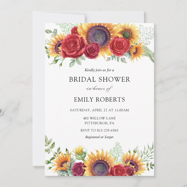 Sunflowers et Rose invitation à la douche nuptiale (Devant)