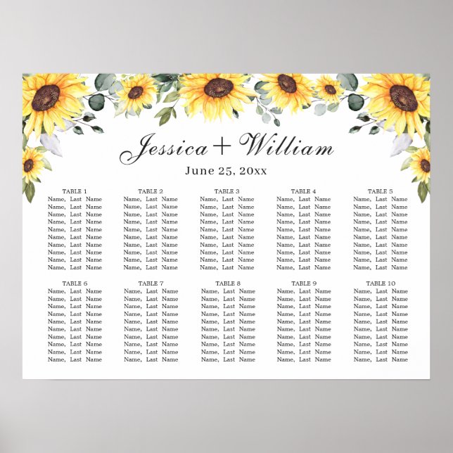 Sunflowers Eucalyptus 10 Tables SEATING CHART (Front)