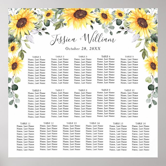 Sunflowers Eucalyptus 16 Tables SEATING CHART (Front)
