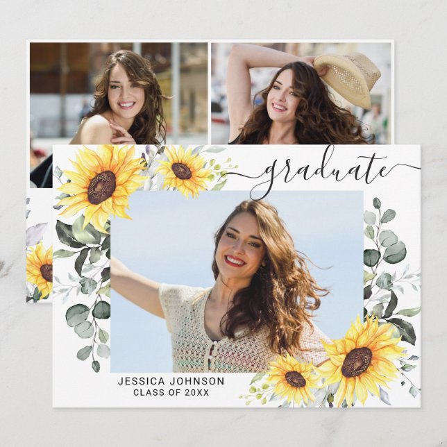 Sunflowers Eucalyptus 3 PHOTO Graduation Party Invitation (Front/Back)