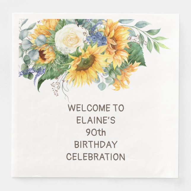 Sunflowers Eucalyptus 90th Birthday Napkin (Front)