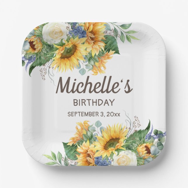 Sunflowers Eucalyptus Birthday Party Name Date Paper Plate (Front)