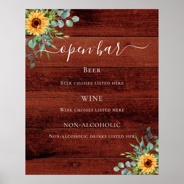 Sunflowers eucalyptus brown wood bar menu poster (Front)