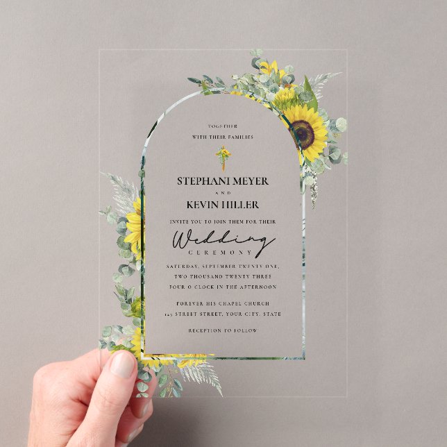 Sunflowers & Eucalyptus Cross Wedding Acrylic Invitations (Insitu (Handheld))