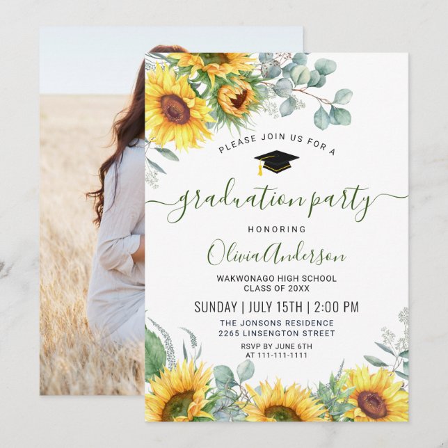 Sunflowers Eucalyptus Graduation Party PHOTO Invitation (Front/Back)