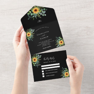 Sunflowers eucalyptus greenery black wedding all in one invitation