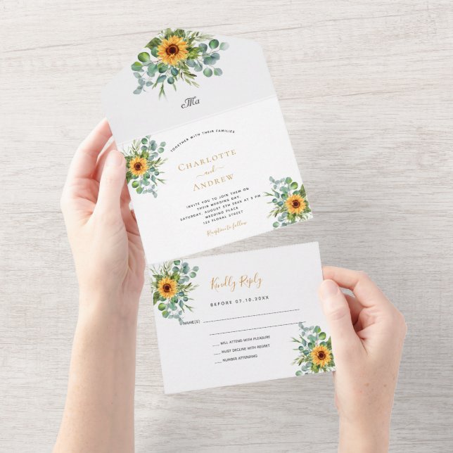Sunflowers eucalyptus greenery wedding all in one invitation (Tearaway)