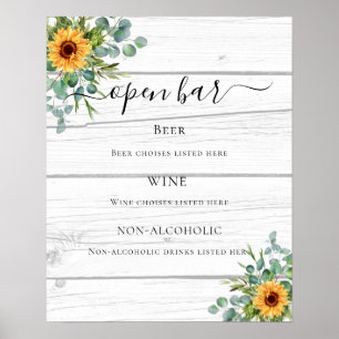 Sunflowers eucalyptus greenery wood bar menu poster