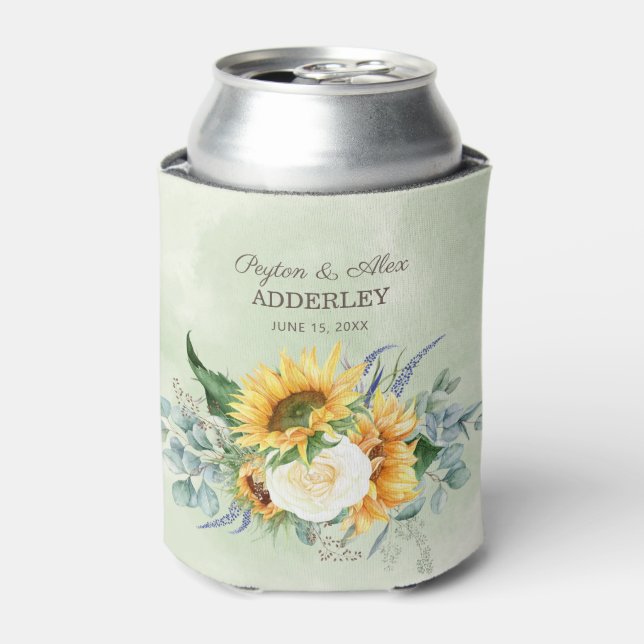 Sunflowers Eucalyptus Leaves Wedding Reception Can Cooler (Can Front)