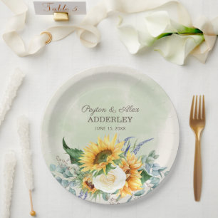 Sunflowers Eucalyptus Leaves Wedding Reception Paper Plate