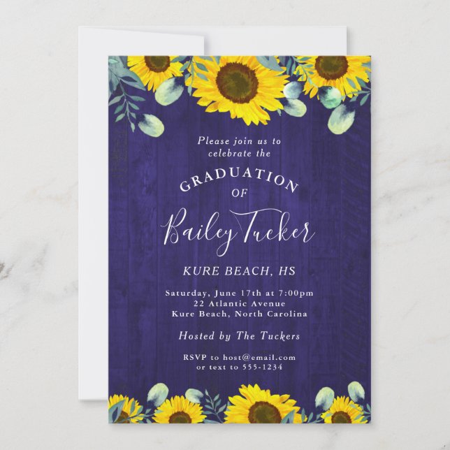 Sunflowers Eucalyptus Navy Blue Rustic Graduation Invitation (Front)