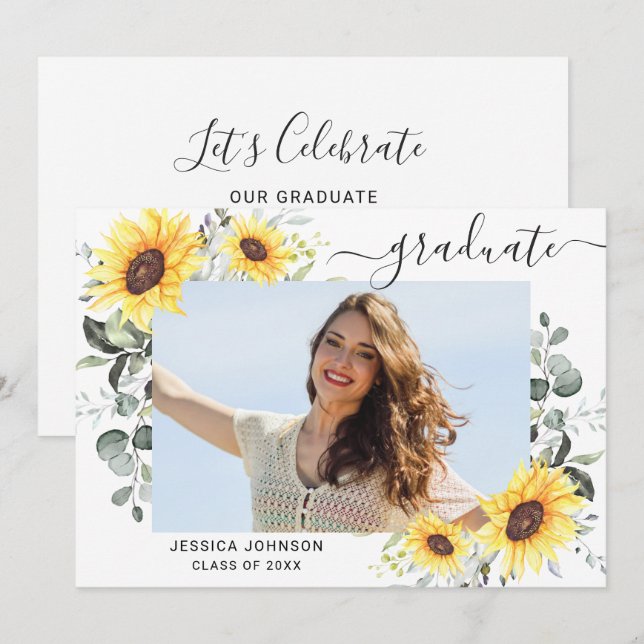 Sunflowers Eucalyptus PHOTO Graduation Party  Invitation (Front/Back)
